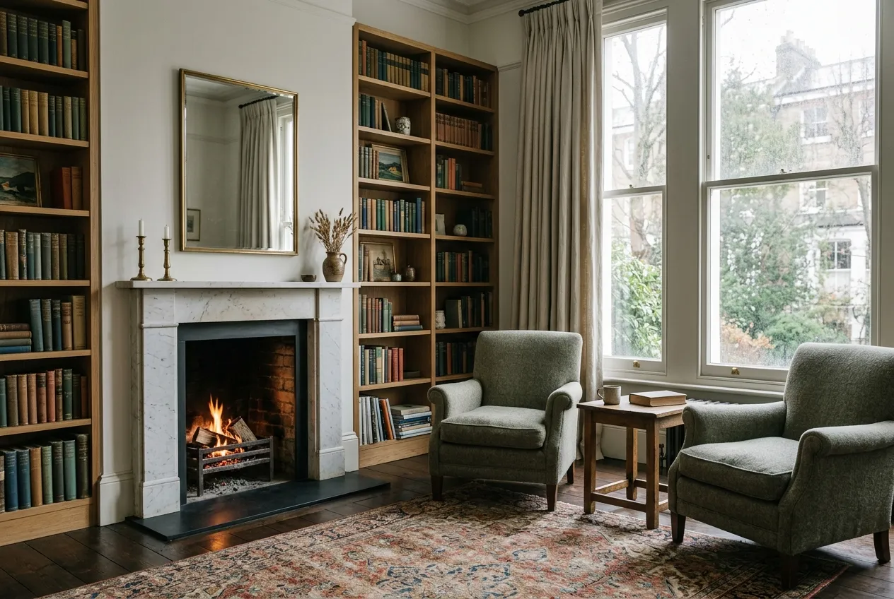 A Knightsbridge drawing room with a marble fireplace, deep bookshelves and a pair of wool armchairs in soft grey daylight.