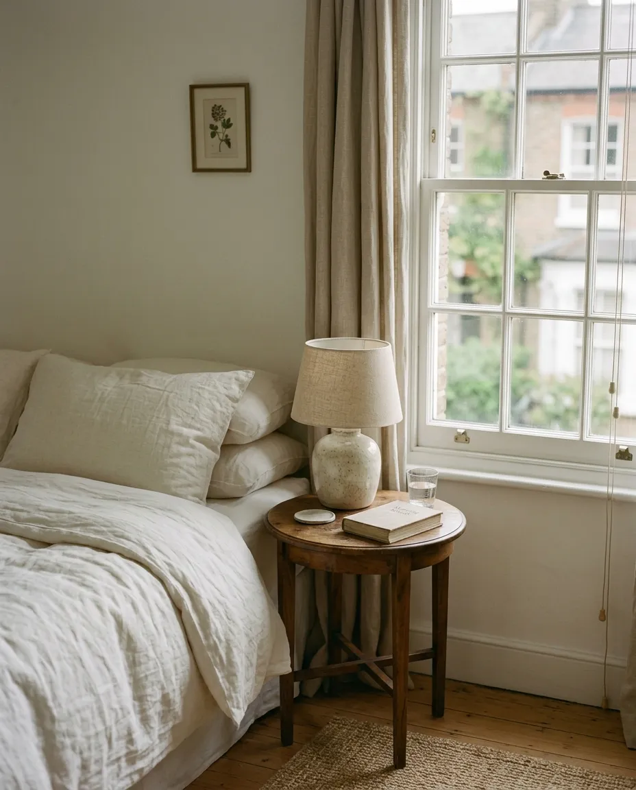 The corner of a made bed in heavy ivory linen beside a walnut side table and ceramic lamp, morning light through a sash window.