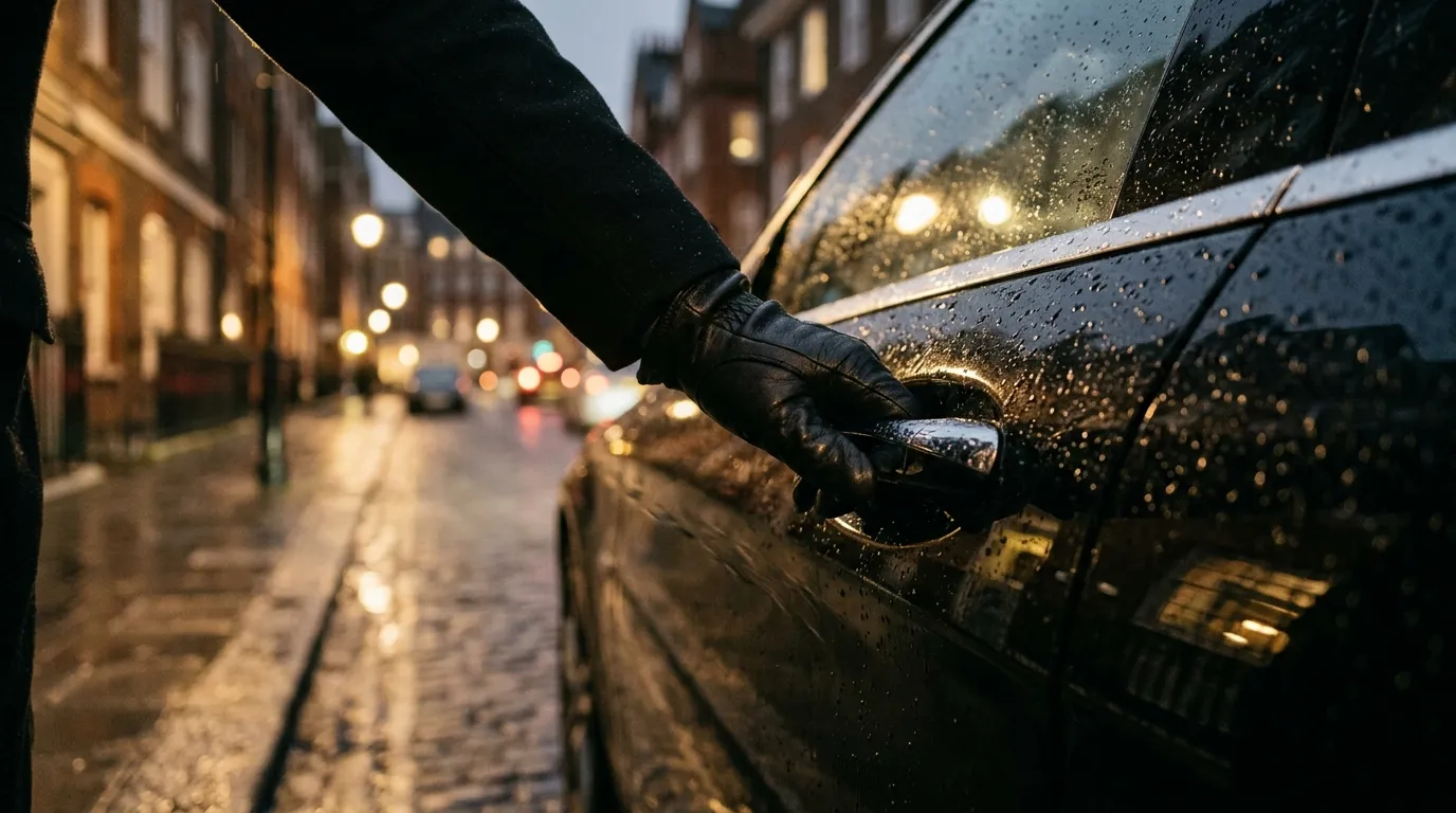 A chauffeur's black-gloved hand resting on the door handle of a dark executive car at night, rain beading on the paintwork.