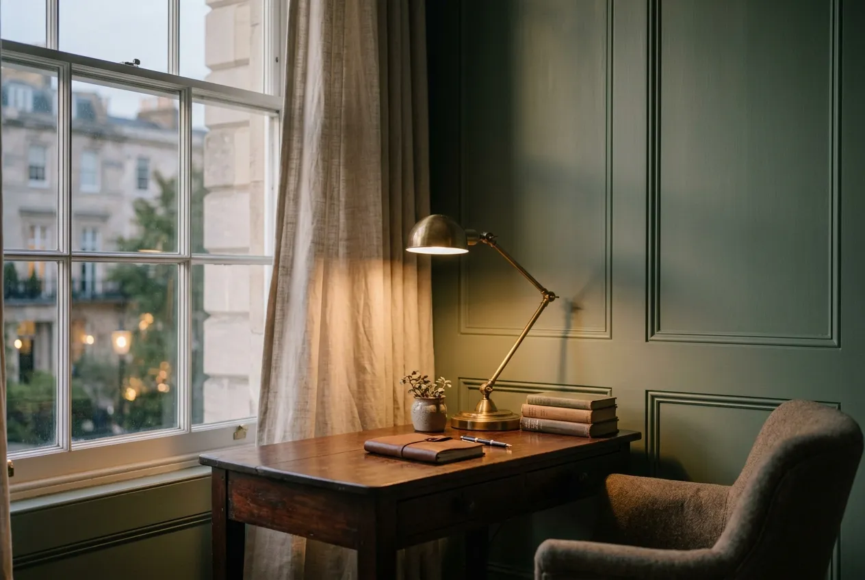 A Belgravia study corner at dusk: a small writing desk by a window, a linen curtain and a lit brass reading lamp against panelling.