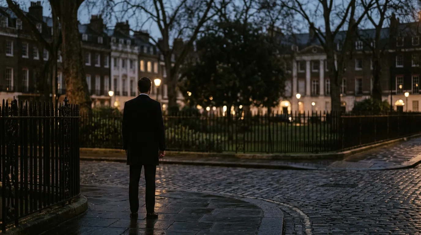 A suited figure seen from behind at a distance, standing at the edge of a Mayfair square at dusk beside iron railings.