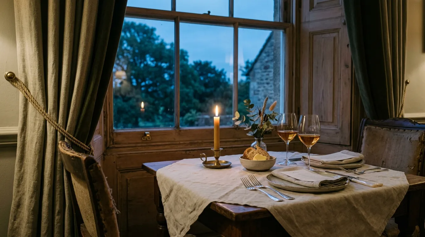 A dining table set for two by a tall sash window in evening light, white linen and silverware beside a low candle.