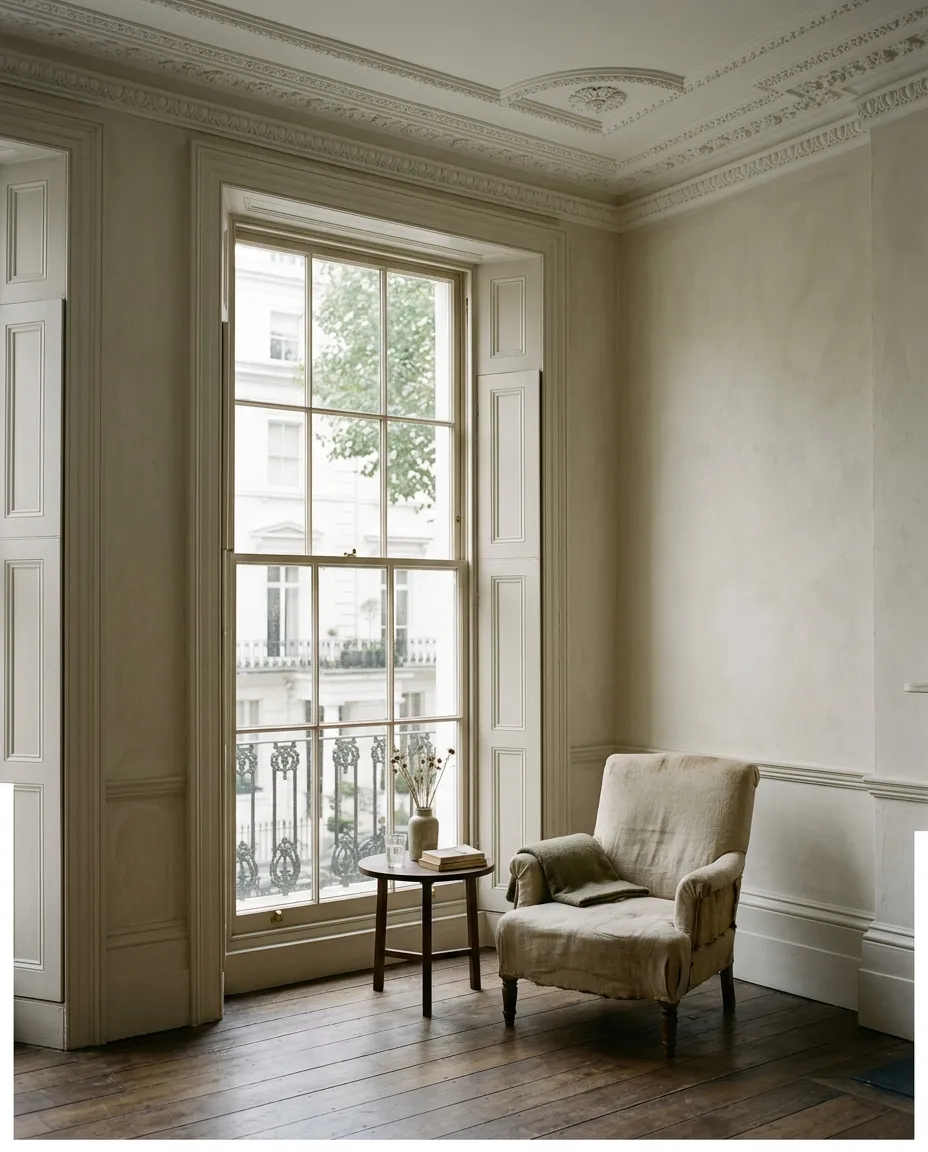 A high-ceilinged Belgravia room with tall sash windows onto white stucco terraces, ornate cornicing and a single armchair in afternoon light.