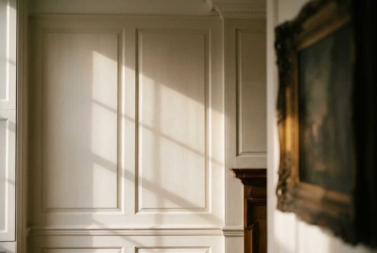 Late afternoon light crossing a panelled wall in a quiet London room, a soft diagonal shadow beside the corner of a gilt picture frame.