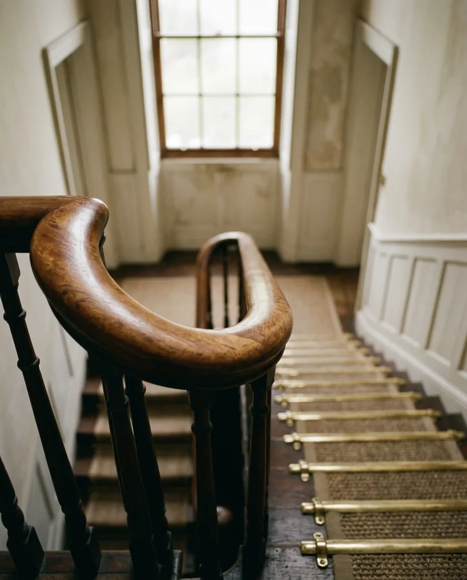 A polished mahogany staircase banister curving down past brass stair rods, lit softly from a window above the empty stairwell.