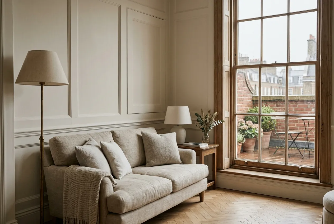 A corner of a Mayfair sitting room with a linen sofa, brass floor lamp and sash window overlooking a red-brick terrace in overcast light.