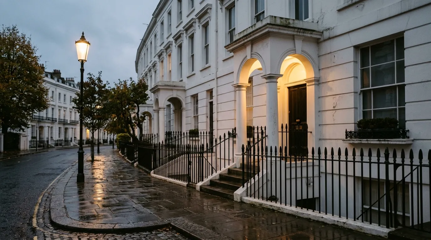 A white stucco Georgian terrace at dusk after rain, black railings and a lit portico reflected in the wet pavement under an overcast sky.