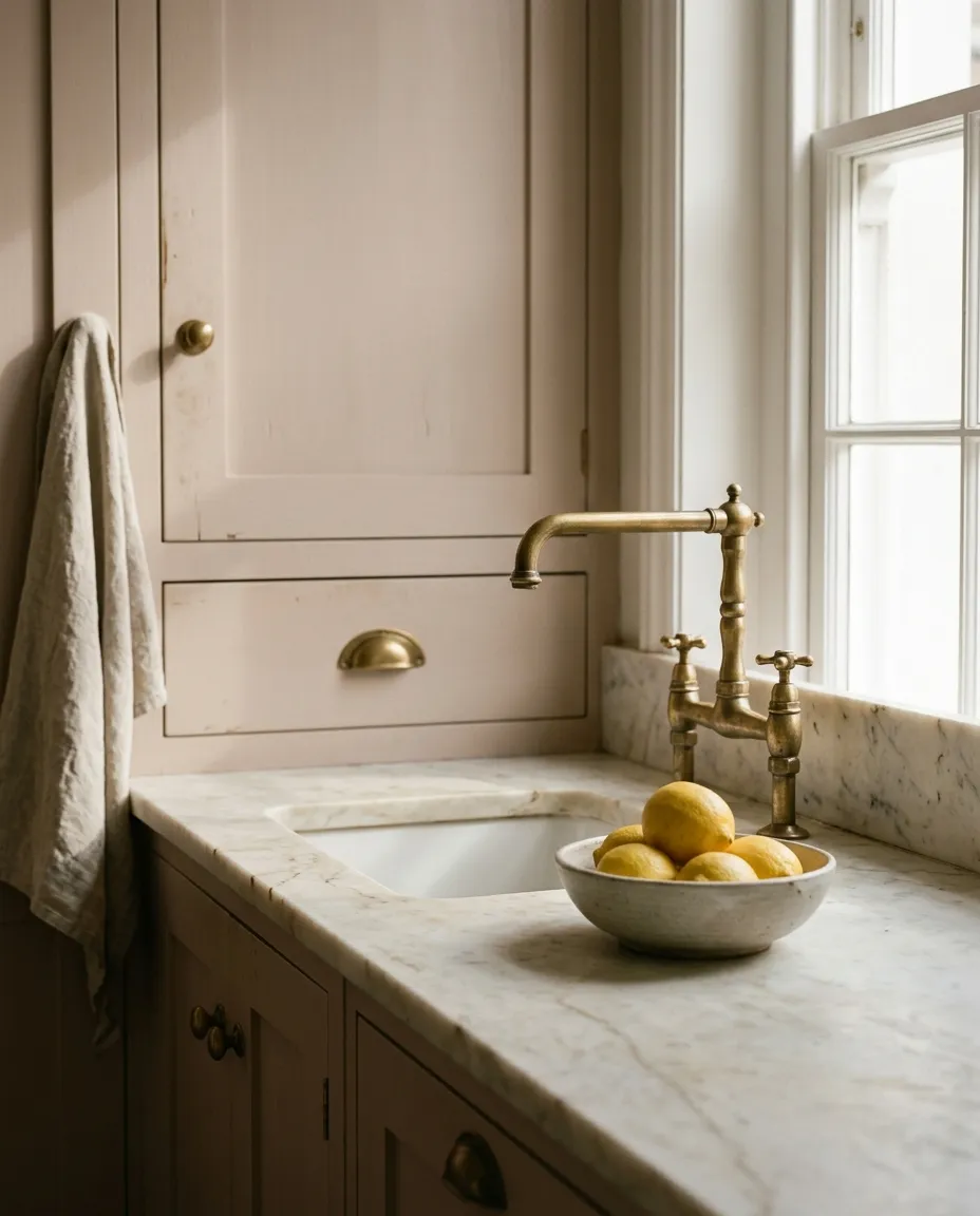 A Mayfair kitchen detail: honed marble worktop, brass tap and a ceramic bowl of lemons in raking morning light.