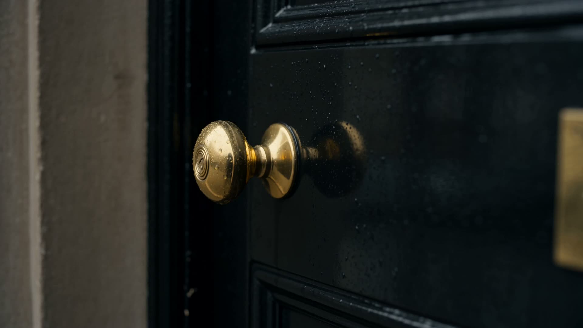 A polished brass door knob flecked with rain on a black-painted Georgian front door, beside a pale limestone portico.